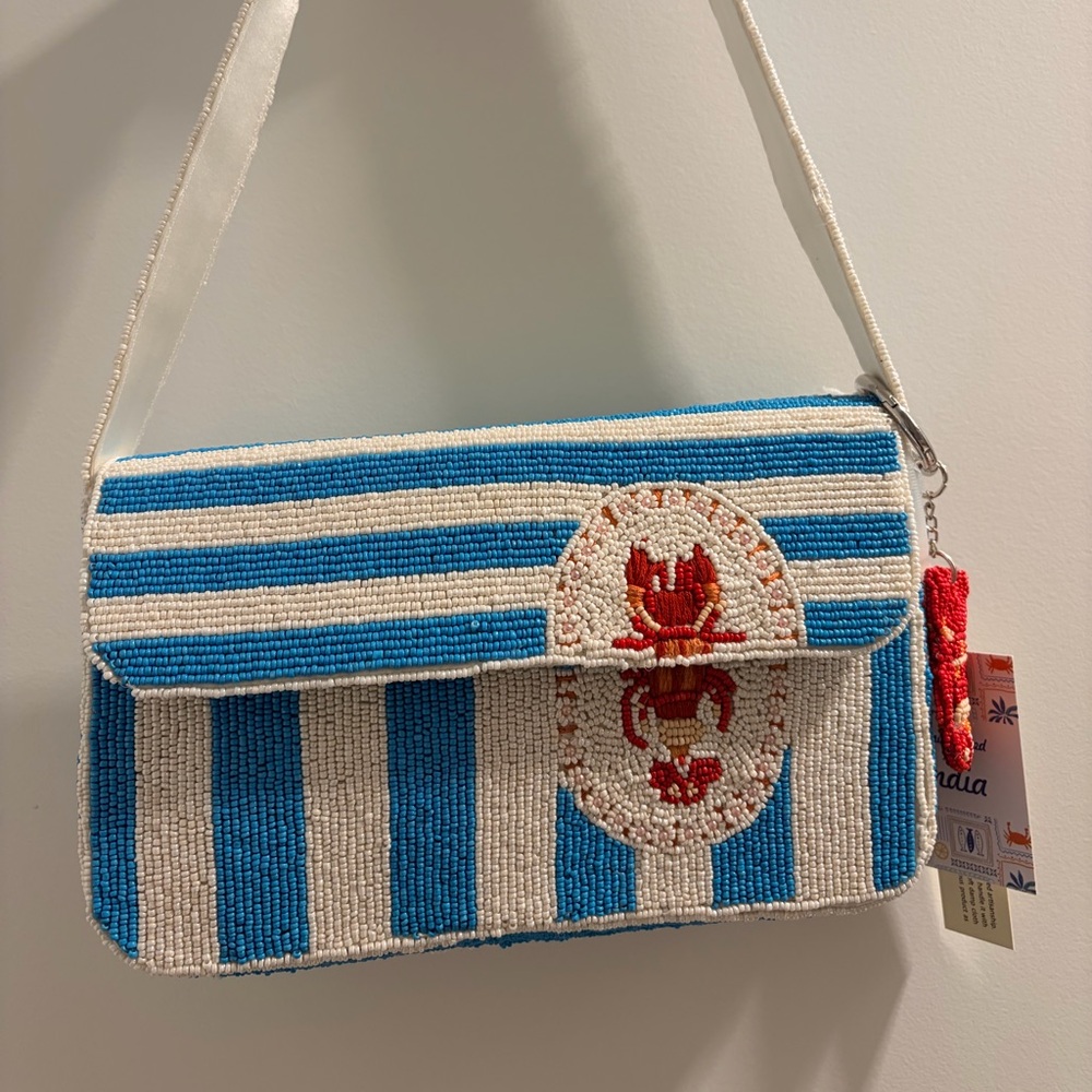 Handmade Beaded Lobster Aqua and White Striped Handbag
